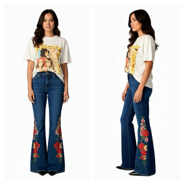 Floral Embroidered Flared Jeans