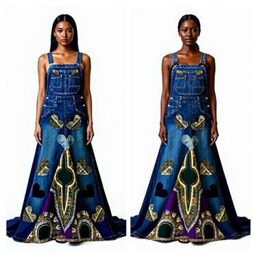 Denim Maxi Dress with Artistic Patterns